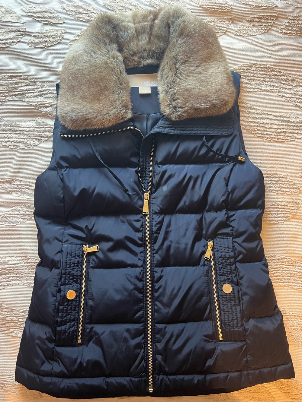 Blue Quilted Puffer Vest with Faux Fur Collar